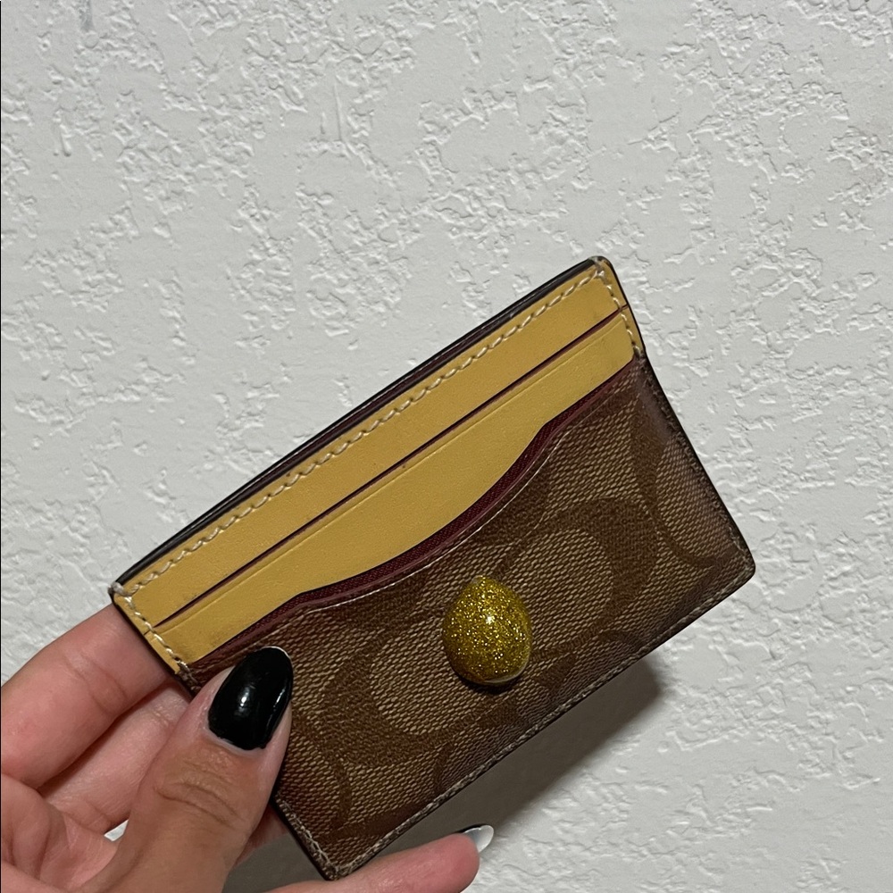 Coach Brown Signature Card Holder with Yellow Trim